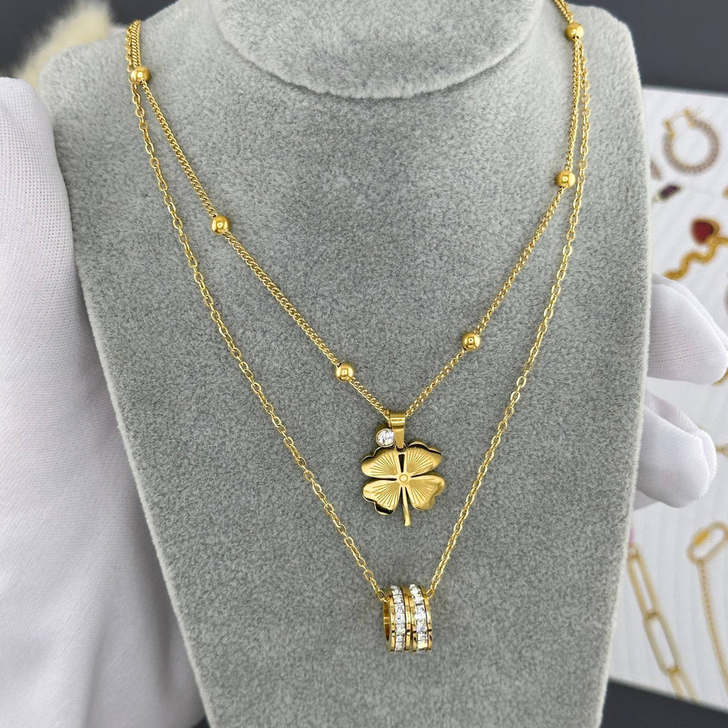Collier pendentif trèfle à quatre feuilles en acier inoxydable plaqué or 18K avec zircone cubique, chaîne 40cm + 5cm, bijou étanche et hypoallergénique