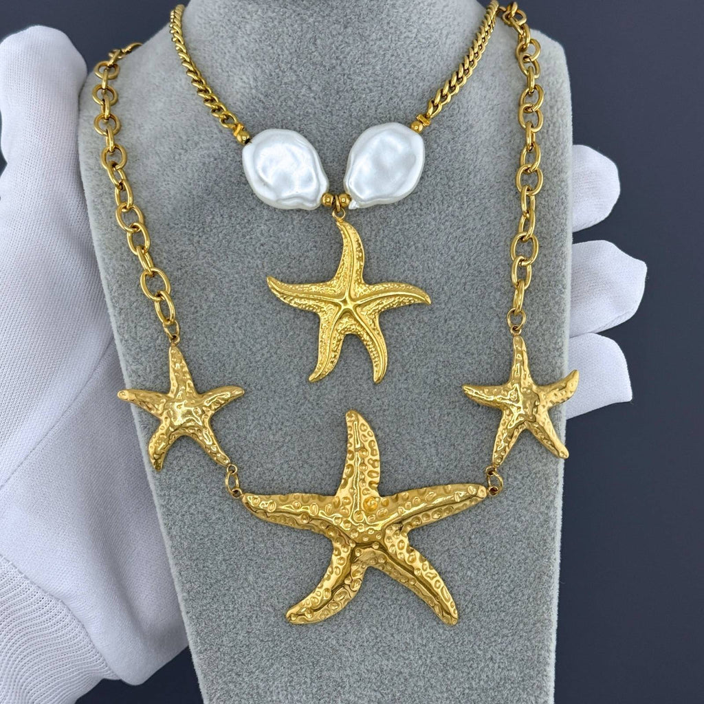 Collier Étoile de Mer, Acier Inoxydable Plaqué Or 18K avec Imitation Perle, Chaîne 45cm + 5cm, Bijou Étanche et Hypoallergénique