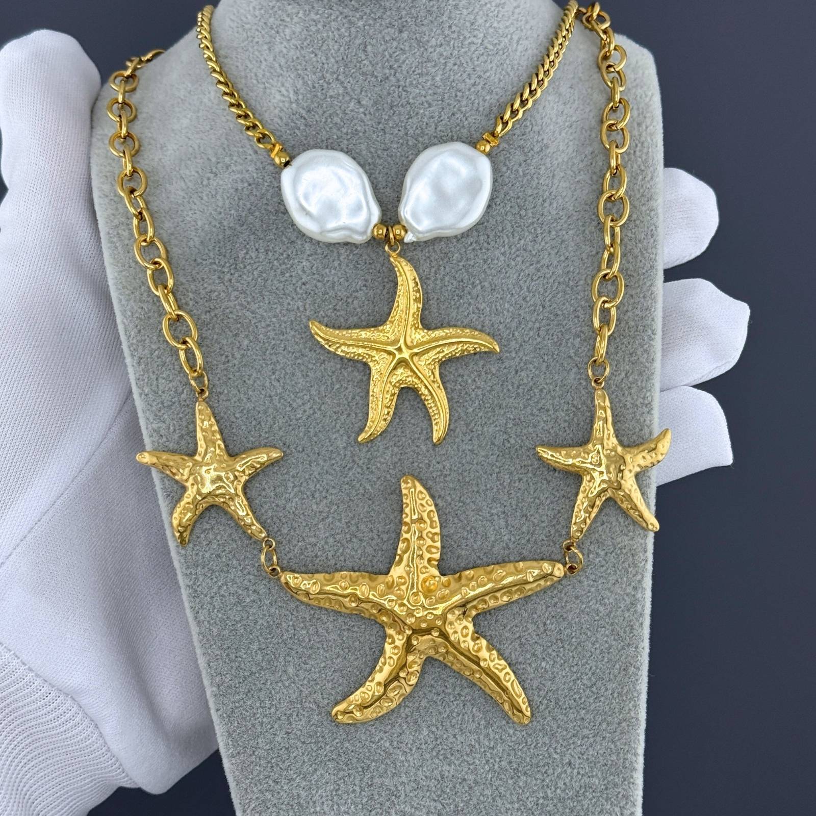Collier Étoile de Mer, Acier Inoxydable Plaqué Or 18K avec Imitation Perle, Chaîne 45cm + 5cm, Bijou Étanche et Hypoallergénique