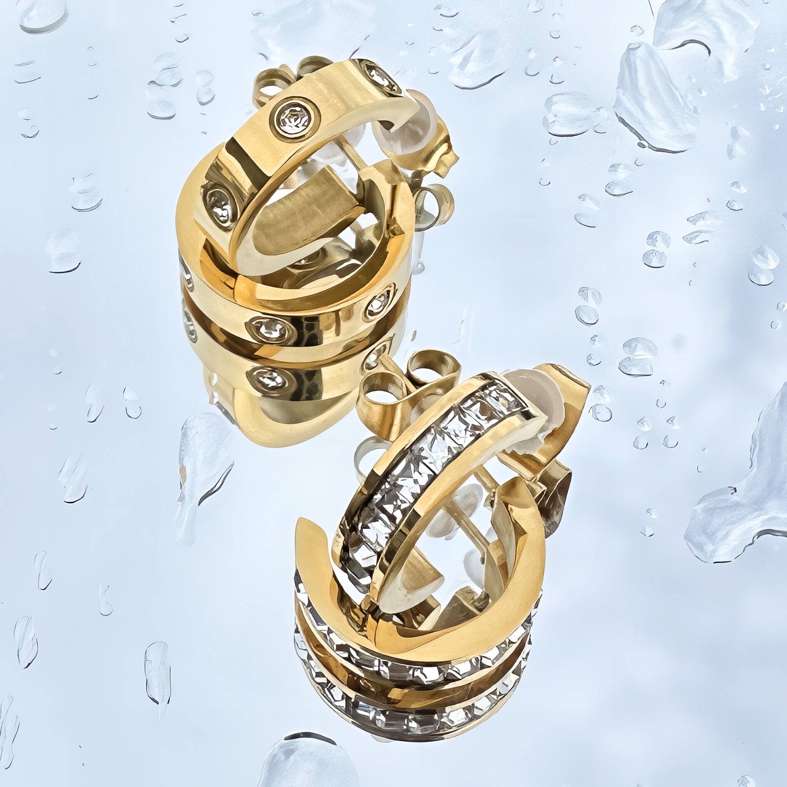 Boucles d'oreilles créoles en acier inoxydable plaqué or 18K avec zircone cubique, fermeture hypoallergénique étanche, 1,5 x 0,3 cm.