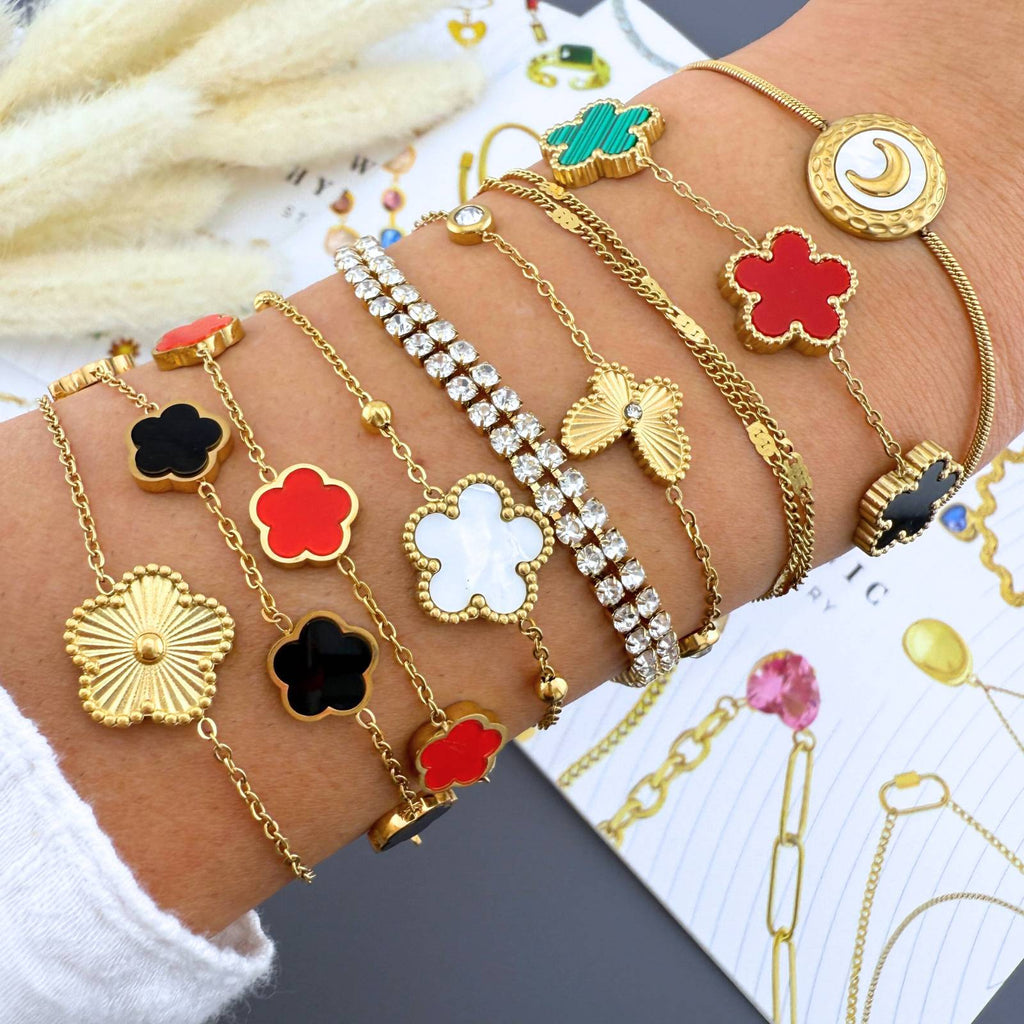 Bracelet Flower Meadow, Acier Plaqué Or 18K, Charm Trèfle Rouge, 16cm + 5cm Extensible, Bijou Hypoallergénique Résistant à l'Eau