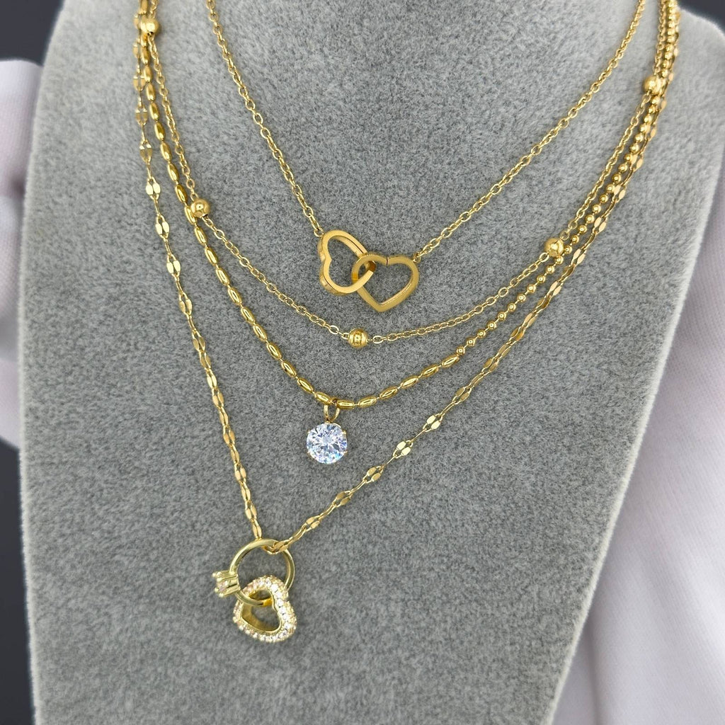 Collier Cœurs en Acier Inoxydable Plaqué Or 18K, Pendentif Double Cœur, Étanche et Hypoallergénique, Longueur de Chaîne 41+5cm