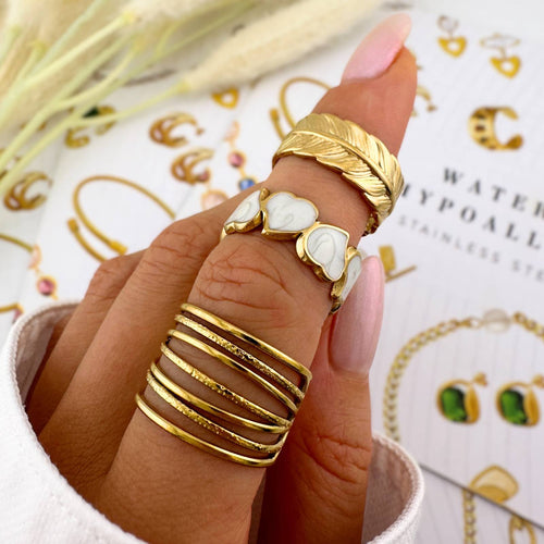 Bague Cœur, Acier Inoxydable Plaqué Or 18K avec Émail Blanc, Ajustable, Étanche, Bijou Hypoallergénique