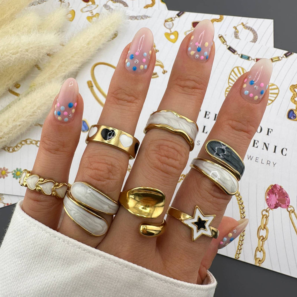 Bague en Acier Inoxydable Plaqué Or 18K avec Émail, Ajustable, Étanche, Hypoallergénique, sans Ternissement