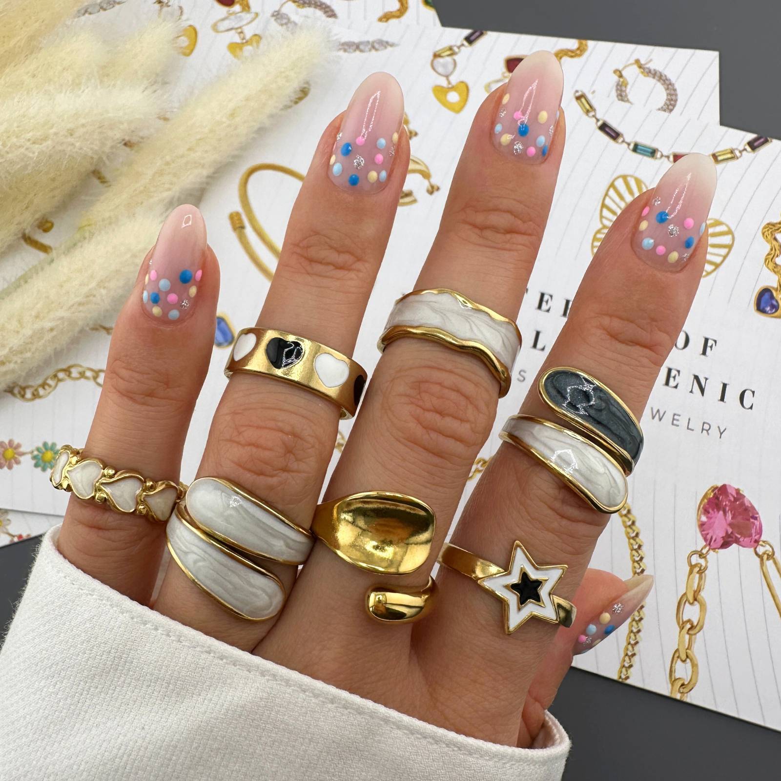 Bague en Acier Inoxydable Plaqué Or 18K avec Émail, Ajustable, Étanche, Hypoallergénique, sans Ternissement
