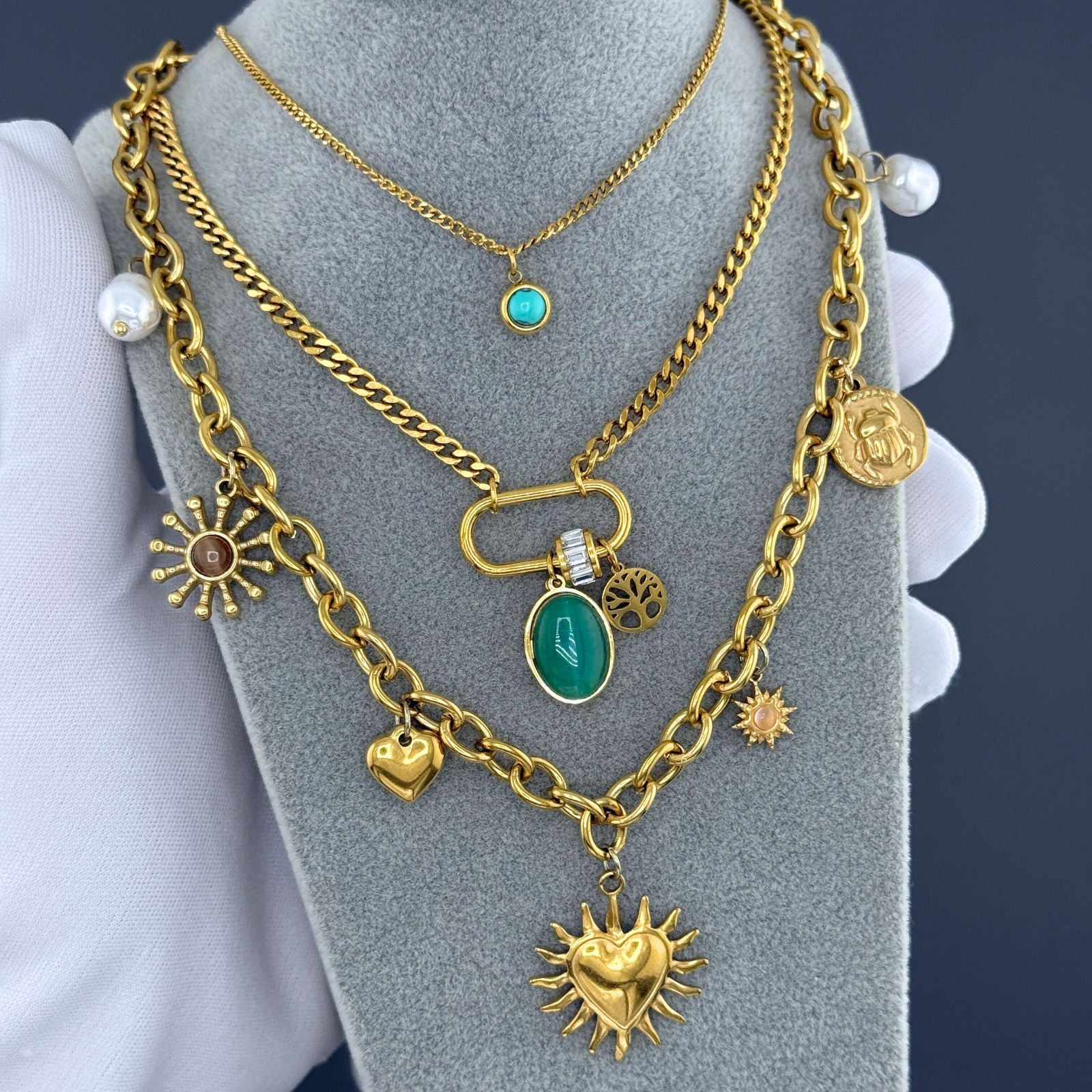 Collier en Acier Inoxydable Plaqué Or 18K avec Pendentif Turquoise, Charm Arbre de Vie, Zircone Cubique, Chaîne 42cm + 5cm, Bijou Hypoallergénique et Étanche