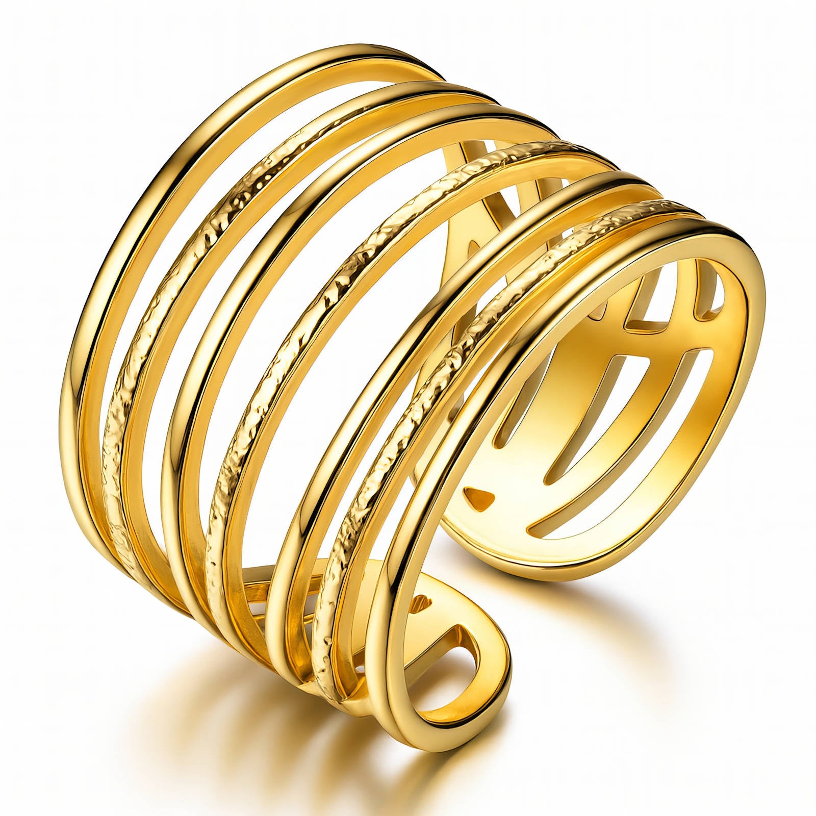 Bague en Acier Inoxydable Plaqué Or 18K Multi-Bandes Ajustable, Bijou Étanche Hypoallergénique sans Ternissement, 3g