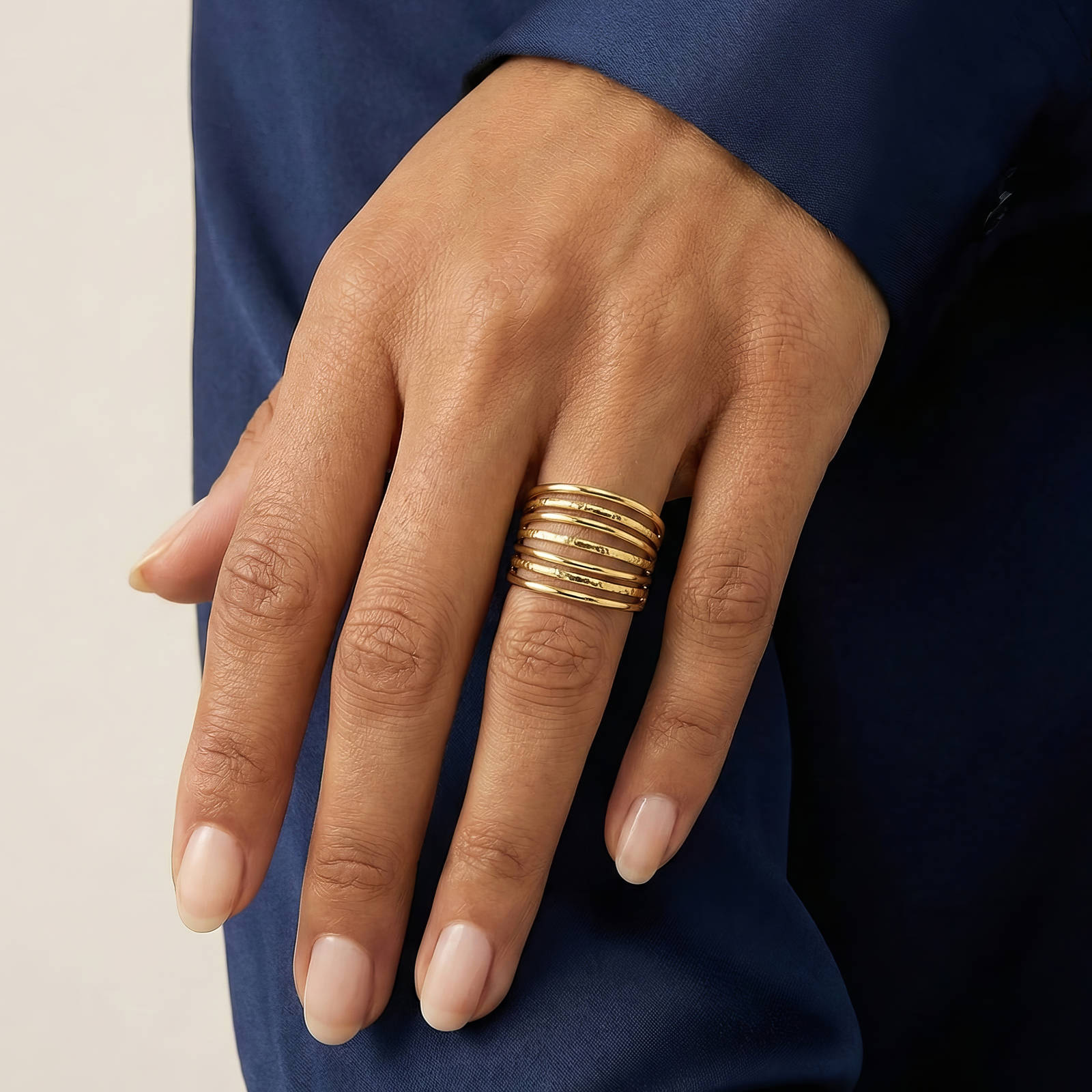 Bague en Acier Inoxydable Plaqué Or 18K Multi-Bandes Ajustable, Bijou Étanche Hypoallergénique sans Ternissement, 3g