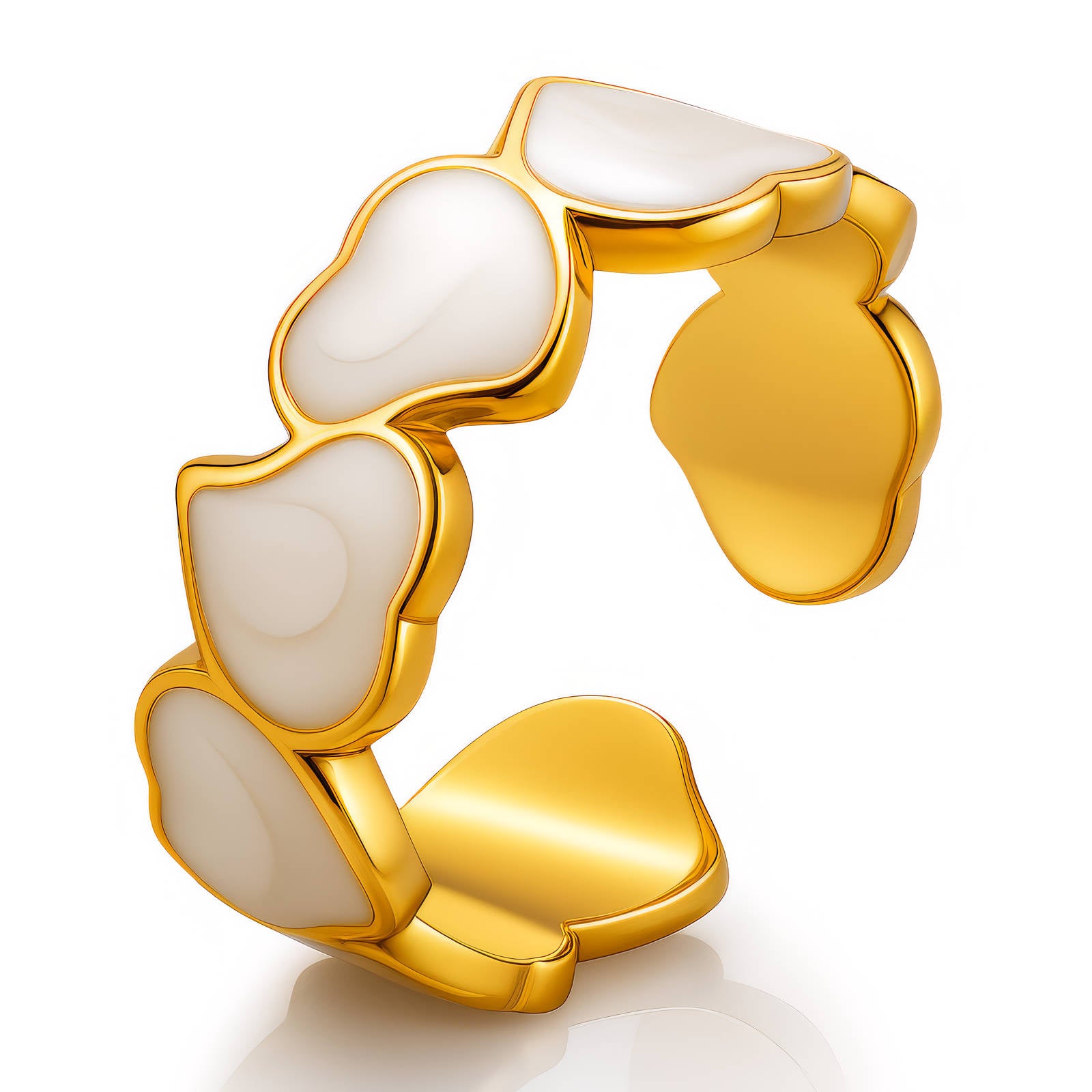 Bague Cœur, Acier Inoxydable Plaqué Or 18K avec Émail Blanc, Ajustable, Étanche, Bijou Hypoallergénique