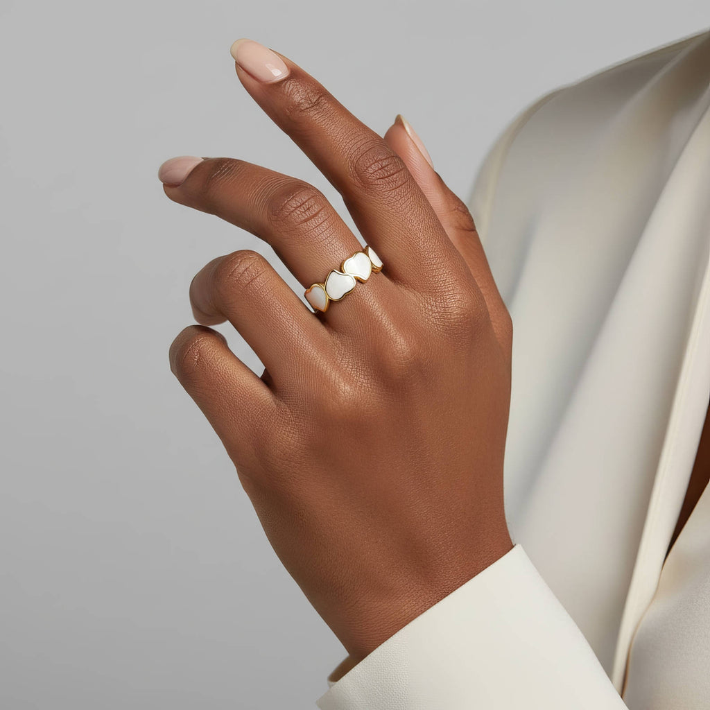 Bague Cœur, Acier Inoxydable Plaqué Or 18K avec Émail Blanc, Ajustable, Étanche, Bijou Hypoallergénique