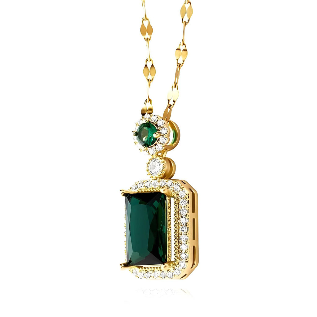 Collier en Acier Inoxydable Plaqué Or 18K avec Pendentif en Zircone Cubique Vert Émeraude, Bijou Étanche et Hypoallergénique, Chaîne 41cm + 5cm