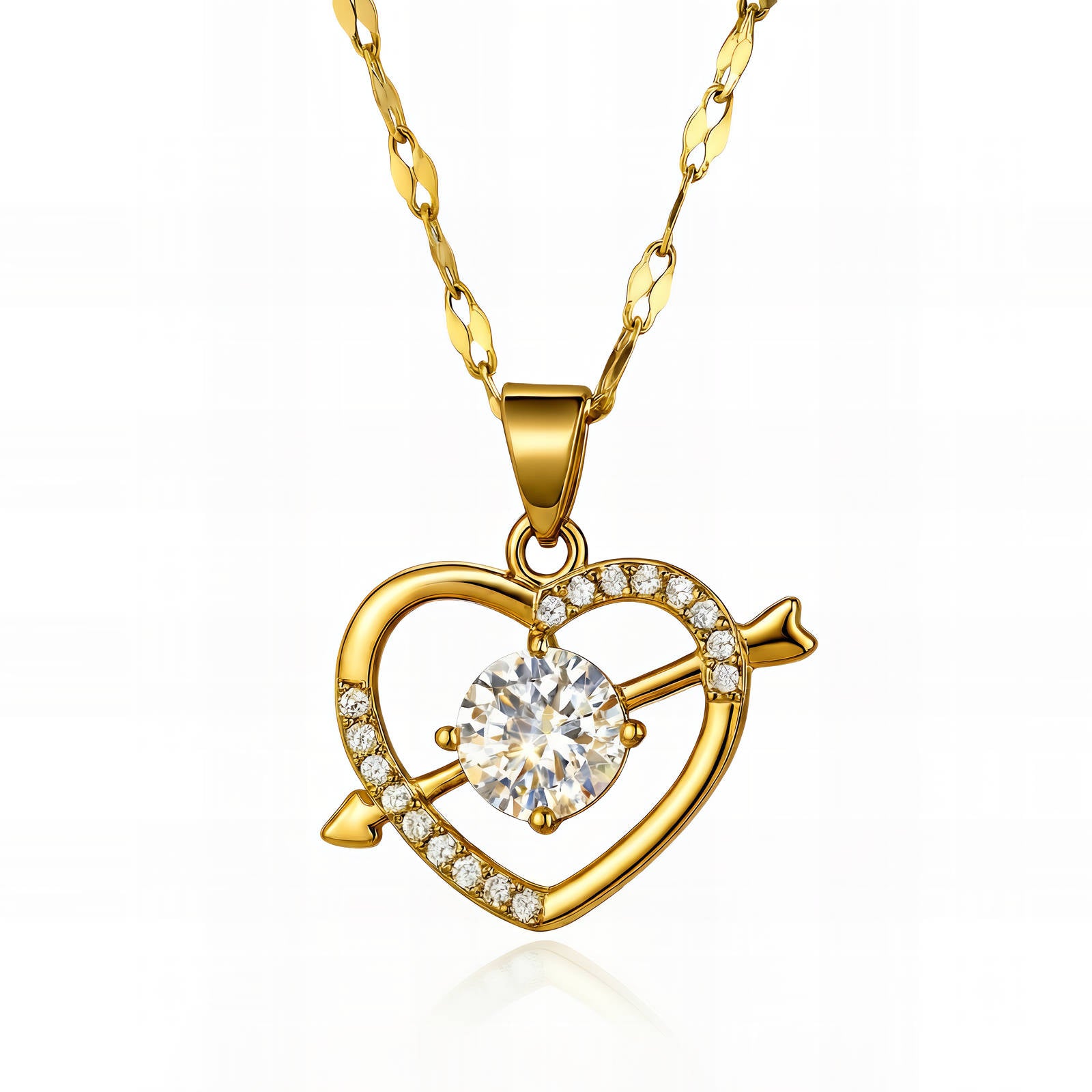 Collier Cœurs, Acier Inoxydable Plaqué Or 18K avec Zircone Cubique, Pendentif Cœur et Flèche, Étanche Hypoallergénique, Chaîne 42cm