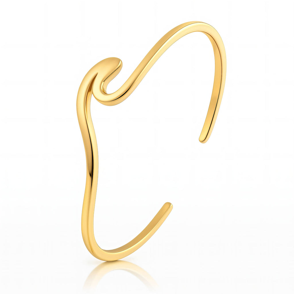 Bracelet en Acier Inoxydable Plaqué Or 18K, Manchette Vague Étanche Hypoallergénique, Diamètre 5,5 cm, Largeur 2 cm, 7g