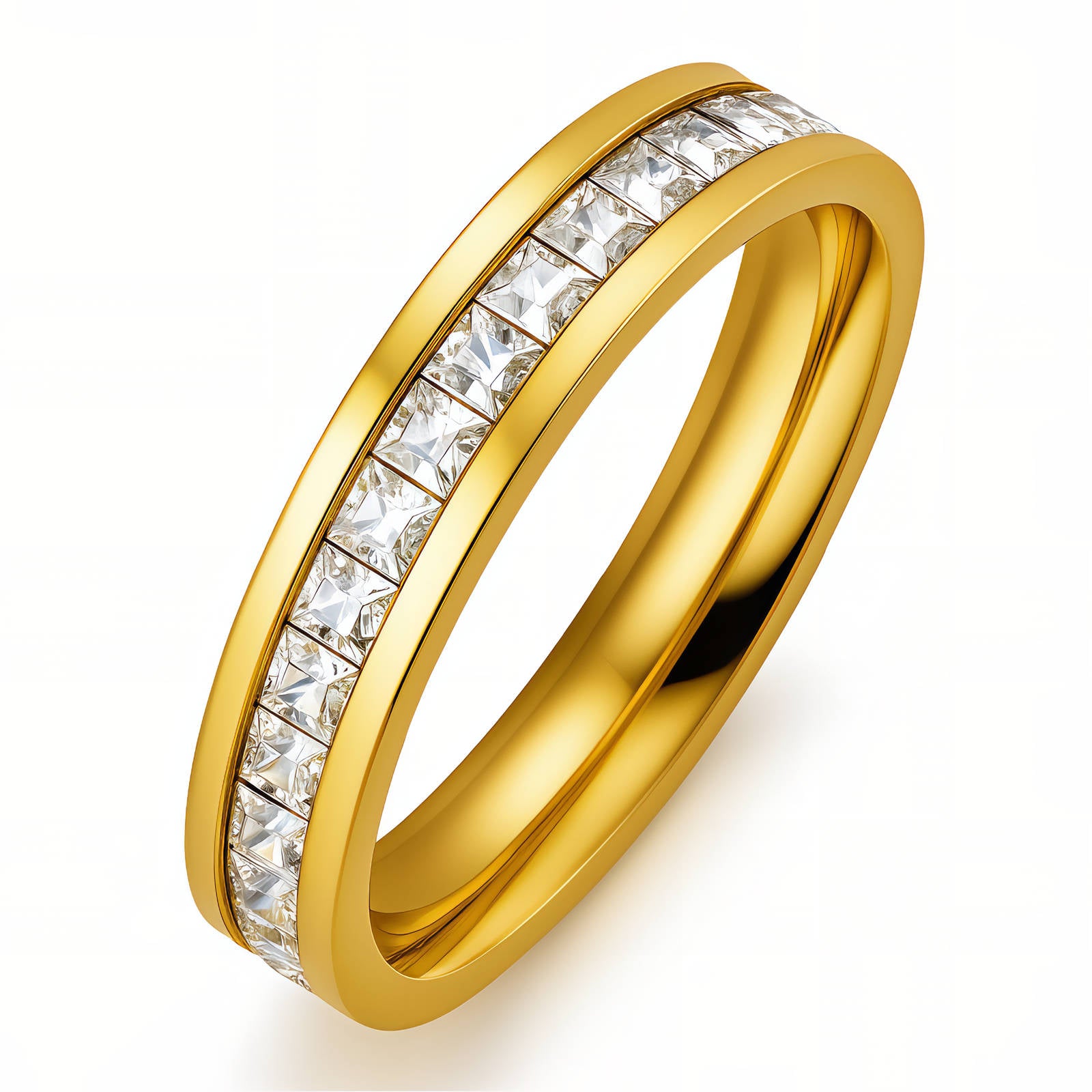 Bague en Acier Inoxydable Plaqué Or 18K avec Zircone Cubique, Pierres Taille Princesse Sertie en Chaîne, Étanche et Hypoallergénique, Taille 7