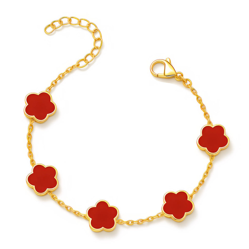 Bracelet Flower Meadow, Acier Plaqué Or 18K, Charm Trèfle Rouge, 16cm + 5cm Extensible, Bijou Hypoallergénique Résistant à l'Eau
