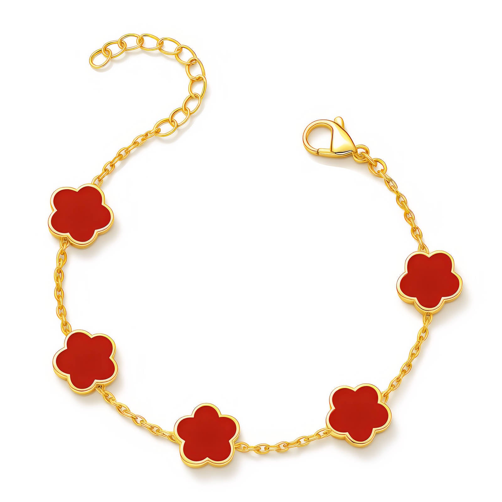 Bracelet Flower Meadow, Acier Plaqué Or 18K, Charm Trèfle Rouge, 16cm + 5cm Extensible, Bijou Hypoallergénique Résistant à l'Eau