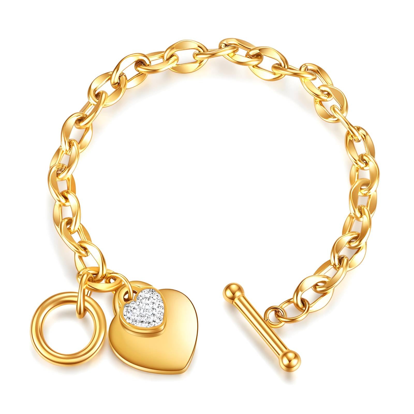 Bracelet Cœurs, Acier Inoxydable Plaqué Or 18K, Longueur 17 cm, Cristaux Cubiques, Bijou Hypoallergénique et Résistant à l'Eau