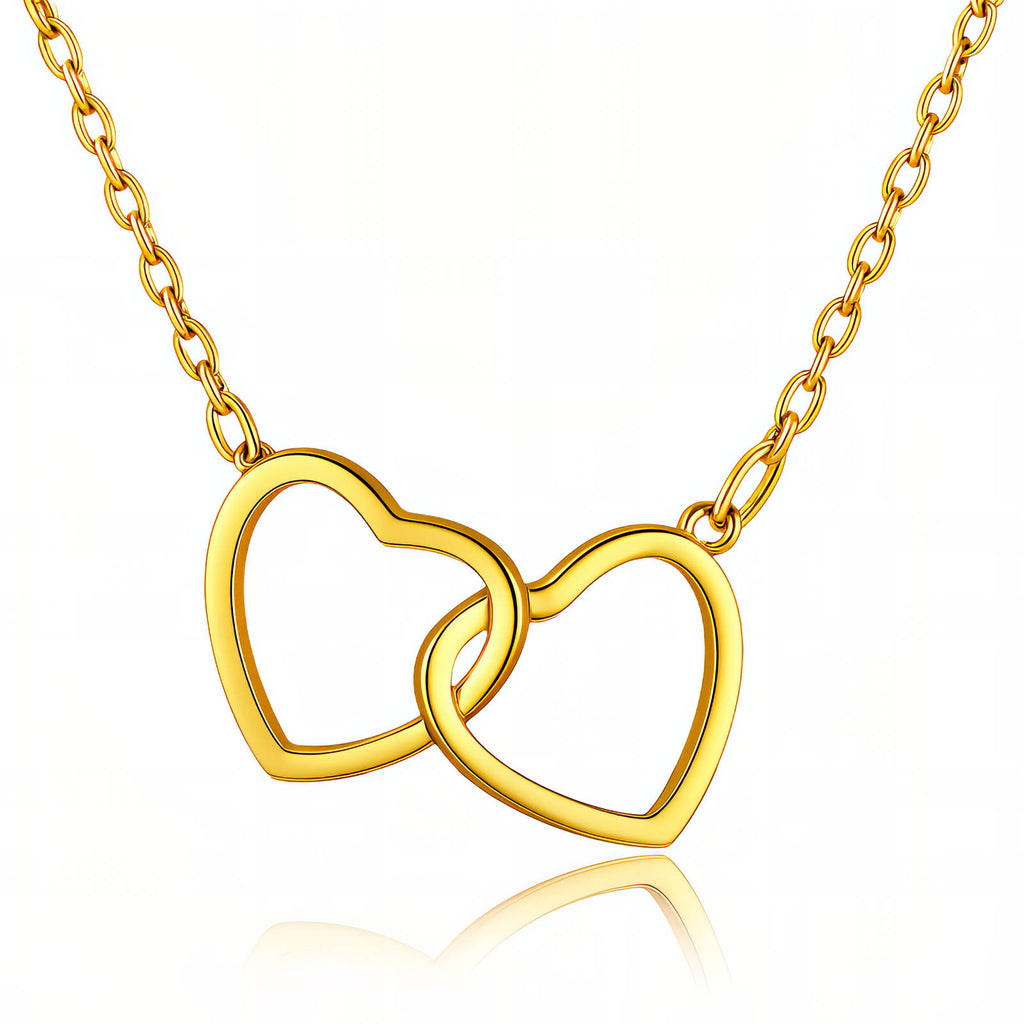 Collier Cœurs en Acier Inoxydable Plaqué Or 18K, Pendentif Double Cœur, Étanche et Hypoallergénique, Longueur de Chaîne 41+5cm