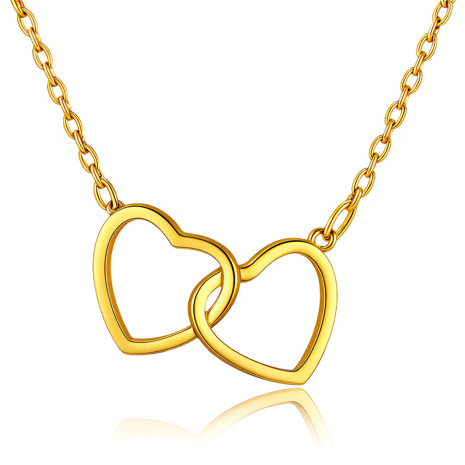 Collier Cœurs en Acier Inoxydable Plaqué Or 18K, Pendentif Double Cœur, Étanche et Hypoallergénique, Longueur de Chaîne 41+5cm