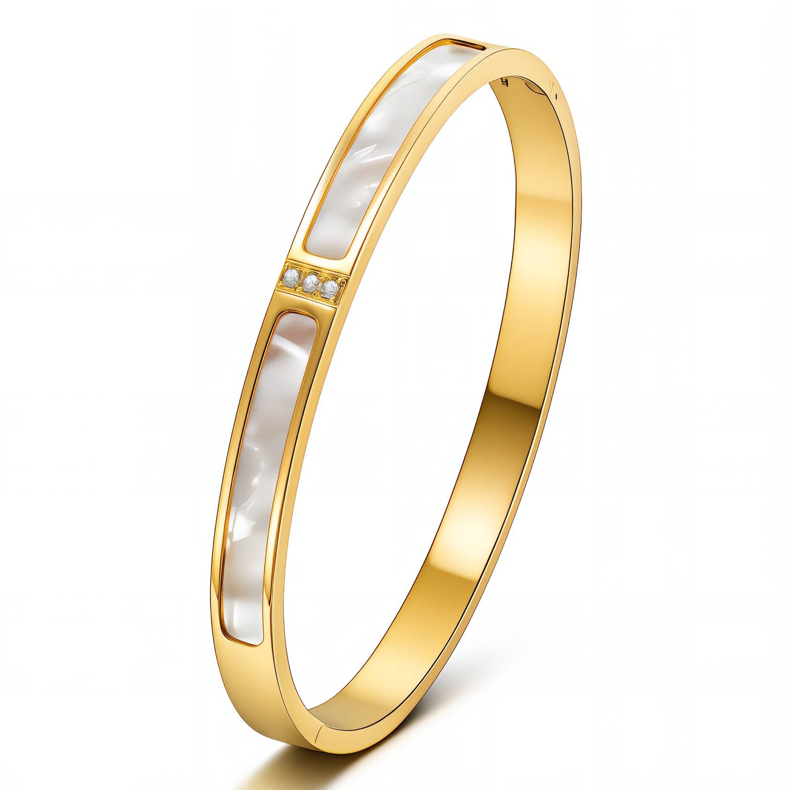 Bracelet Jonc en Acier Inoxydable Plaqué Or 18K avec Incrustation Blanche et Zircone Cubique, Diamètre 6,3 cm, Étanche et Hypoallergénique