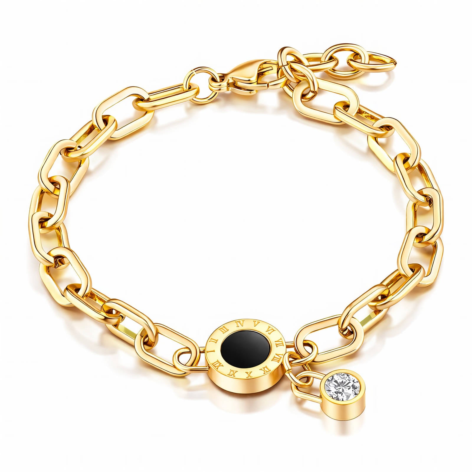 Bracelet en Acier Inoxydable Plaqué Or 18K avec Charm en Zircone Cubique, Étanche et Hypoallergénique, Longueur 15+5 cm