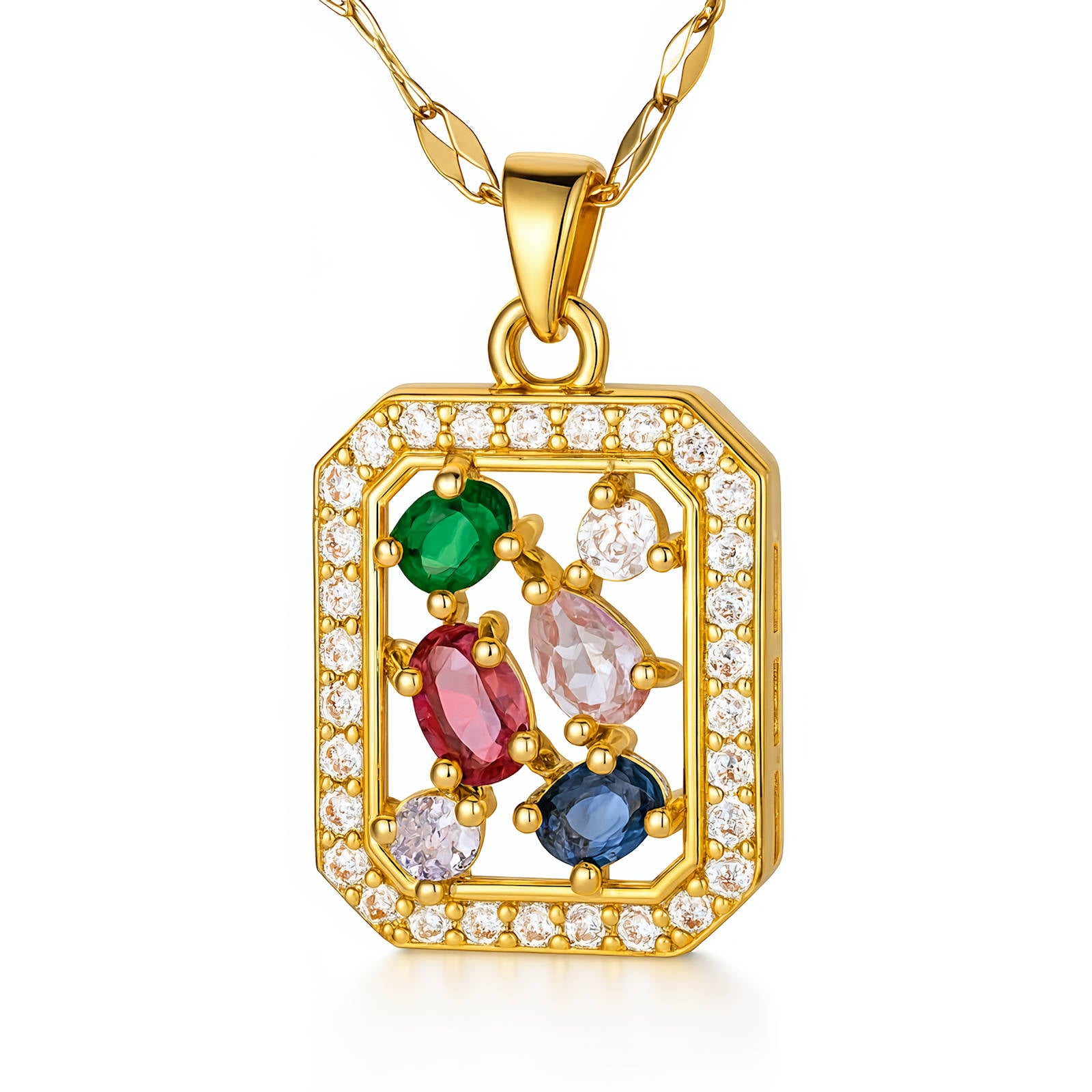 Collier en Acier Inoxydable Plaqué Or 18K avec Pendentif en Zircone Cubique Multicolore, Forme Rectangulaire, Chaîne 41cm + 6cm, Étanche à l'Eau