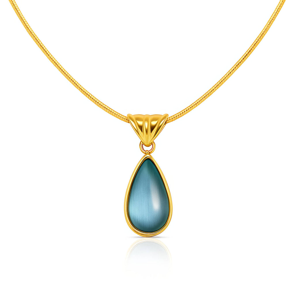 Collier pendentif goutte d'eau en acier inoxydable plaqué or 18K avec pierre oeil de chat bleu, bijou hypoallergénique et étanche, chaîne 41,5cm + 5cm