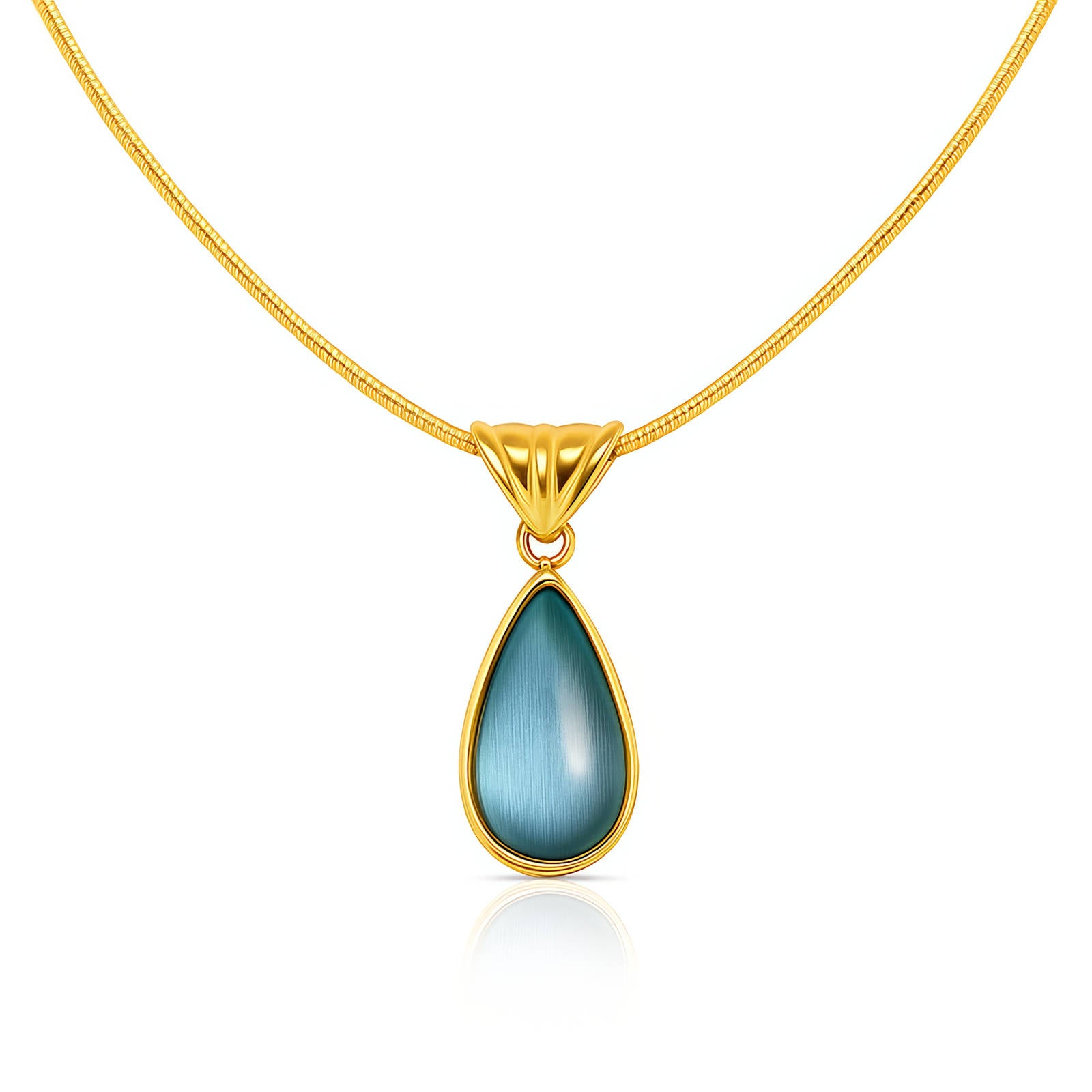 Collier pendentif goutte d'eau en acier inoxydable plaqué or 18K avec pierre oeil de chat bleu, bijou hypoallergénique et étanche, chaîne 41,5cm + 5cm