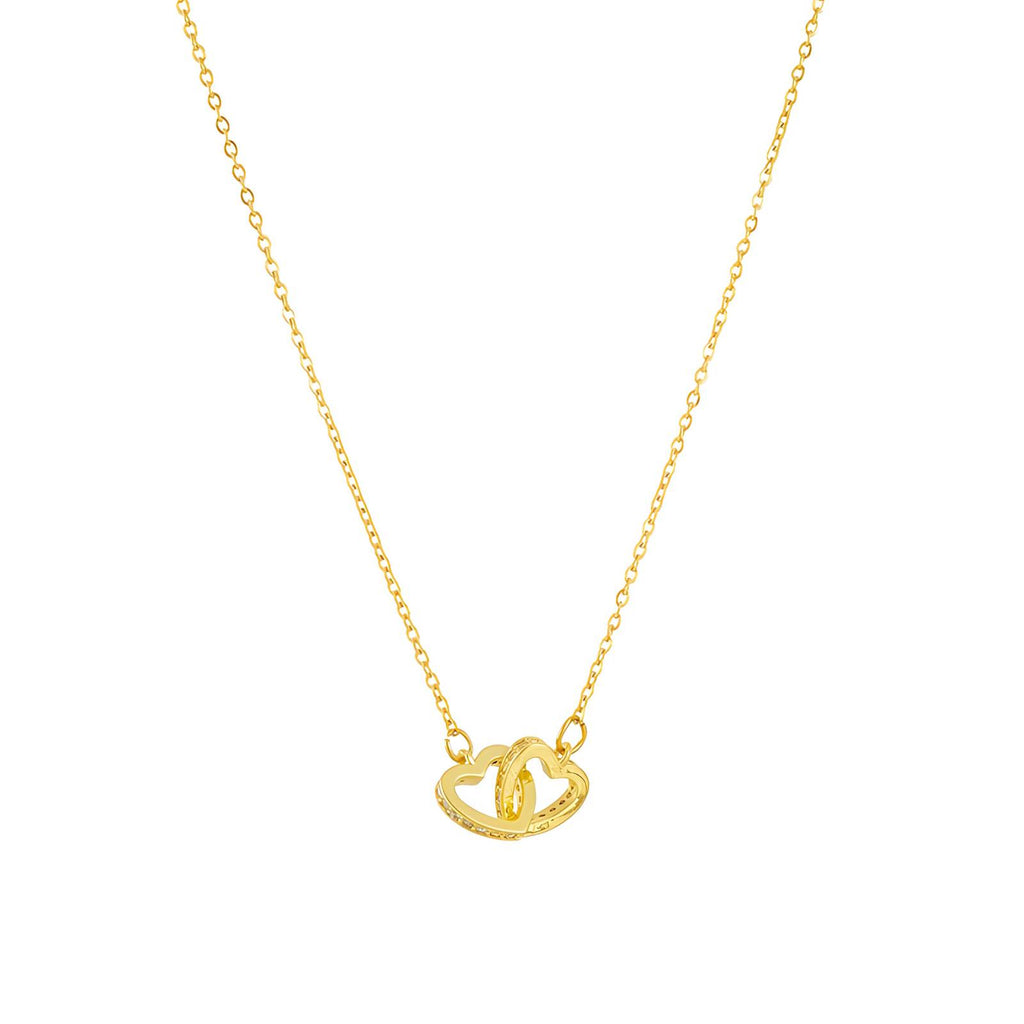 Collier Cœurs, Acier Inoxydable Plaqué Or 18K, Pendentif Double Cœur Entrelacé avec Zircone Cubique, Chaîne 42cm + 5cm, Bijou Étanche et Hypoallergénique