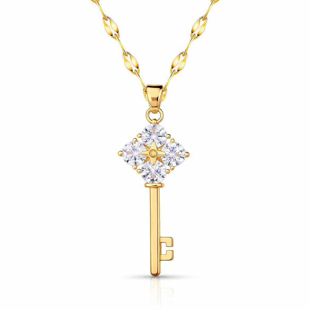 Collier Pendentif Clé, Acier Inoxydable Plaqué Or 18K Collier pendentif clé en acier inoxydable plaqué or 18K avec zircone cubique, chaîne de 40 cm avec extension de 5 cm, fermoir à pince homard