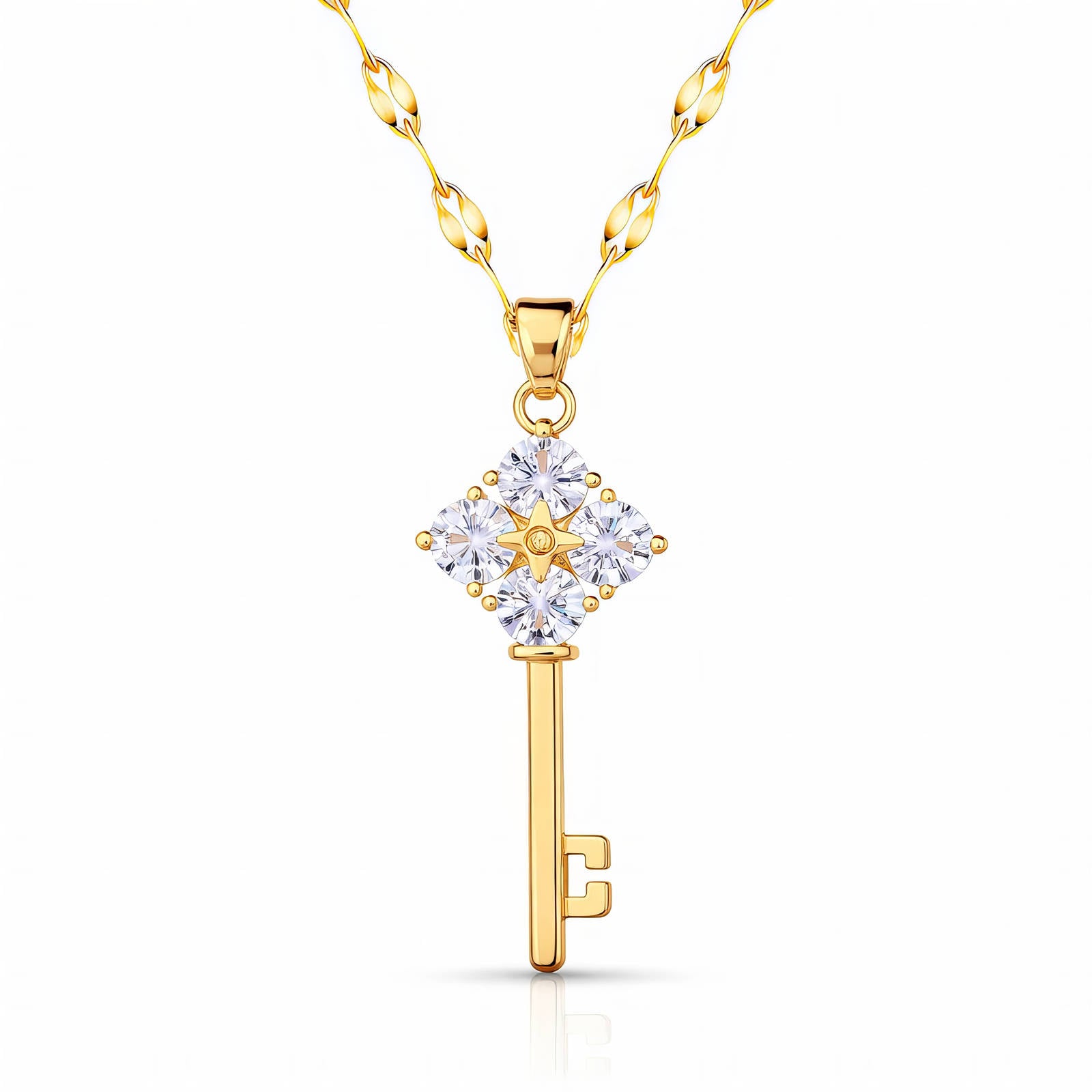 Collier Pendentif Clé, Acier Inoxydable Plaqué Or 18K Collier pendentif clé en acier inoxydable plaqué or 18K avec zircone cubique, chaîne de 40 cm avec extension de 5 cm, fermoir à pince homard