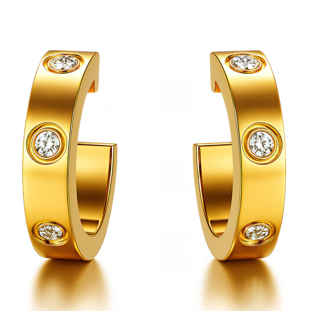 Boucles d'oreilles créoles en acier inoxydable plaqué or 18K avec zircone cubique, fermeture hypoallergénique étanche, 1,5 x 0,3 cm.