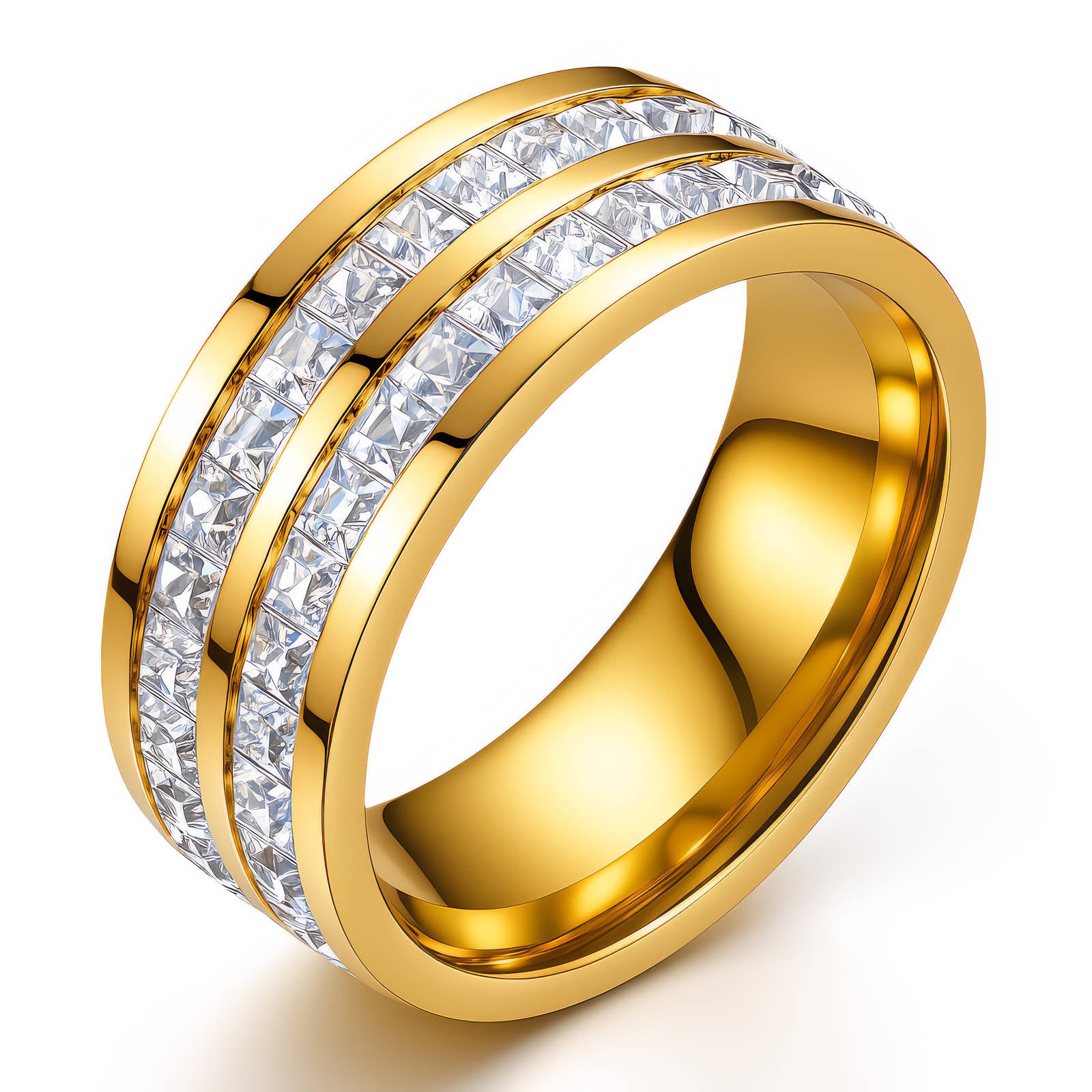 Bague en Acier Inoxydable Plaqué Or 18K avec Zircone Cubique, Double Rang de Cristaux, Taille 8, Étanche et Hypoallergénique