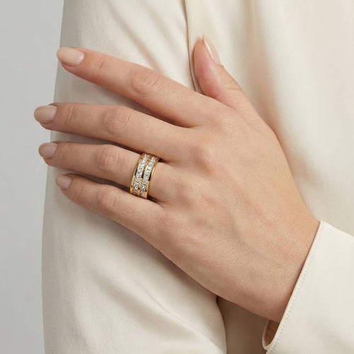 Bague en Acier Inoxydable Plaqué Or 18K avec Zircone Cubique, Double Rang de Cristaux, Taille 8, Étanche et Hypoallergénique