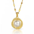 Collier en Acier Inoxydable Plaqué Or 18K avec Pendentif Perle et Zircone Cubique, Design Halo Rond, Chaîne 41,5cm +5cm, Étanche à l'Eau