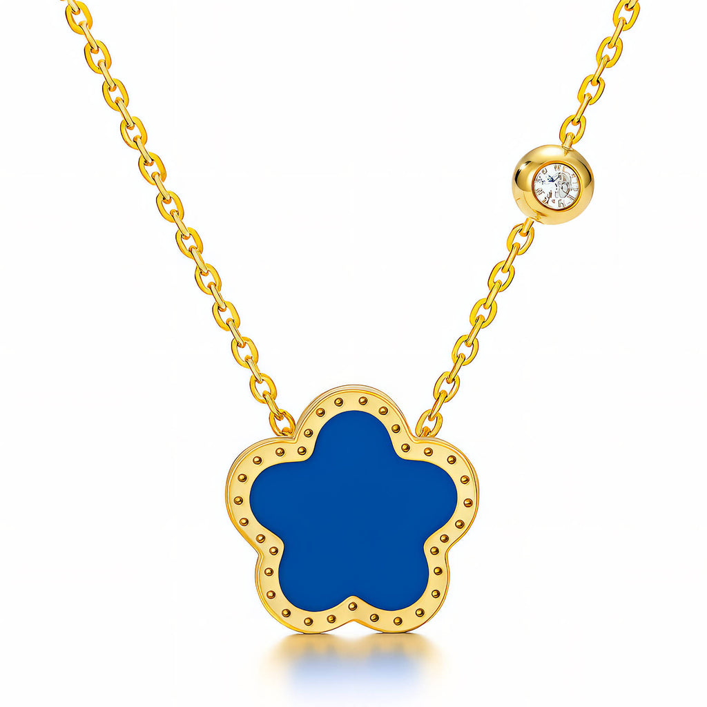 Collier Fleur, Acier Inoxydable Plaqué Or 18K, Pendentif Bleu avec Zircone Cubique, Chaîne 41cm, Bijou Étanche et Hypoallergénique