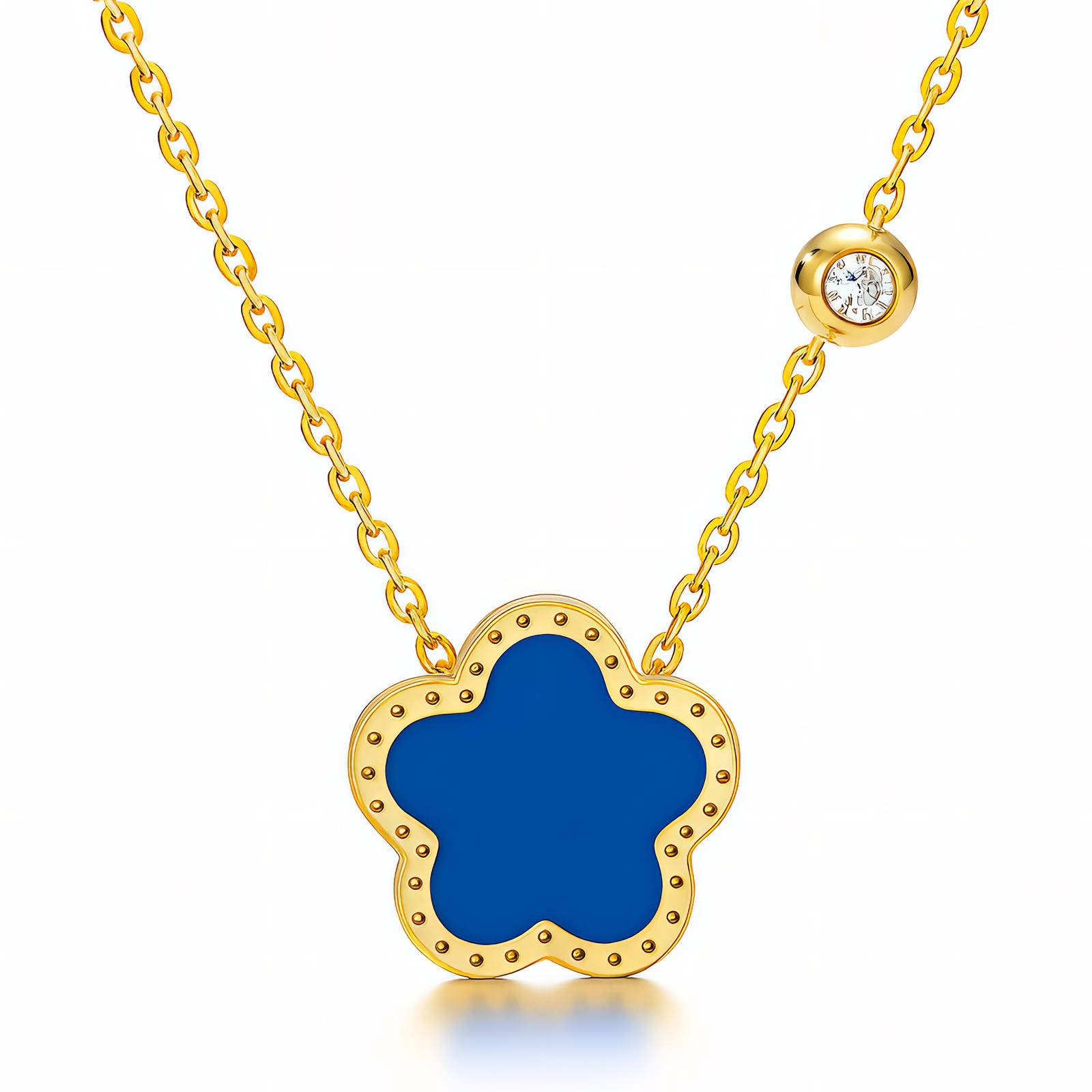 Collier Fleur, Acier Inoxydable Plaqué Or 18K, Pendentif Bleu avec Zircone Cubique, Chaîne 41cm, Bijou Étanche et Hypoallergénique