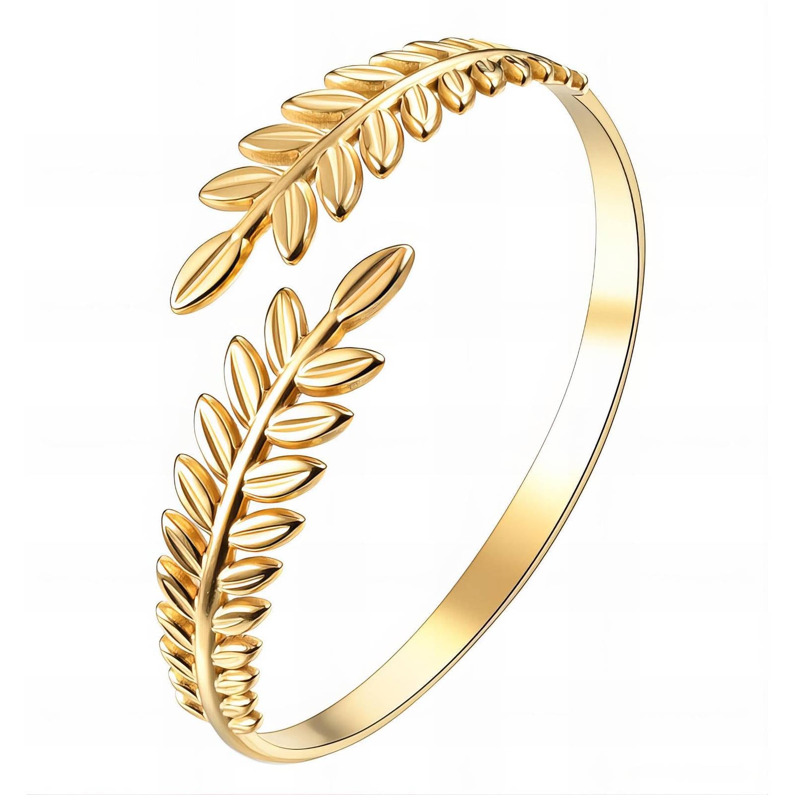 Bracelet Feuilles, Acier Inoxydable Plaqué Or 18K, Jonc Ouvert Ajustable, Design Feuille, Bijou Hypoallergénique Résistant à l'Eau, Diamètre 5,5 cm