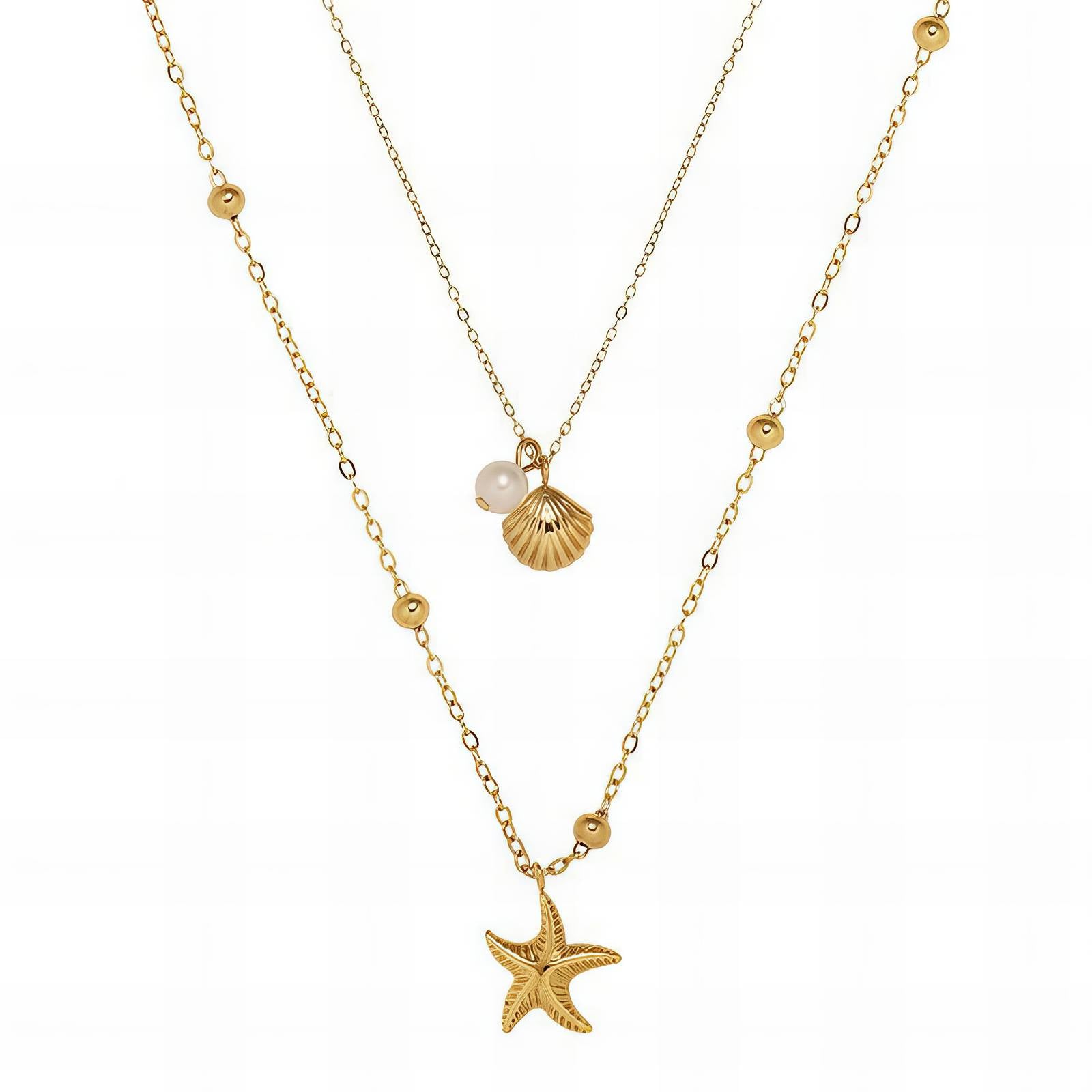 Collier multicouche doré avec pendentifs étoile de mer et coquillage, acier inoxydable plaqué or 18K, accent de perle, bijou hypoallergénique et étanche, chaîne 40-45cm + 5cm