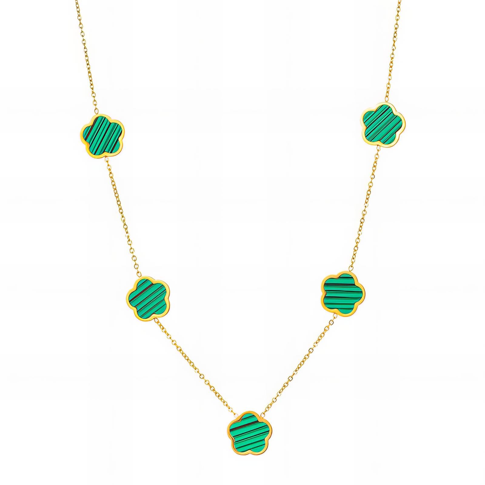 Collier Fleurs, Acier Inoxydable Plaqué Or 18K, Motif Trèfle Vert, Chaîne 43cm avec Extension 5cm, Étanche Hypoallergénique Matière : Acier inoxydable, Plaquage or