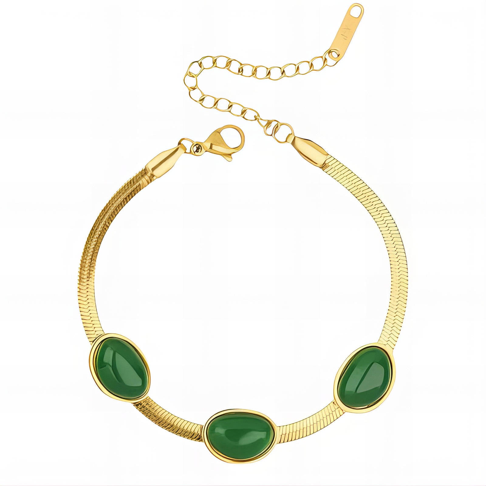 Bracelet en Acier Inoxydable Plaqué Or 18K avec Inserts de Pierre Verte, Étanche et Hypoallergénique, 17cm + 4,5cm d'Extension