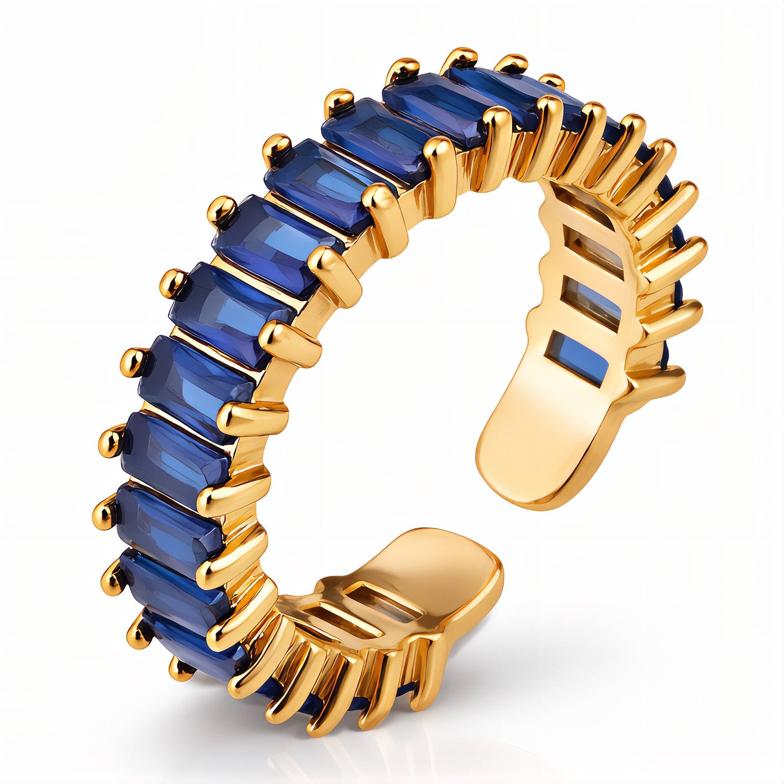 Bague réglable en acier inoxydable plaqué or 18 carats avec oxyde de zirconium bleu, imperméable et hypoallergénique