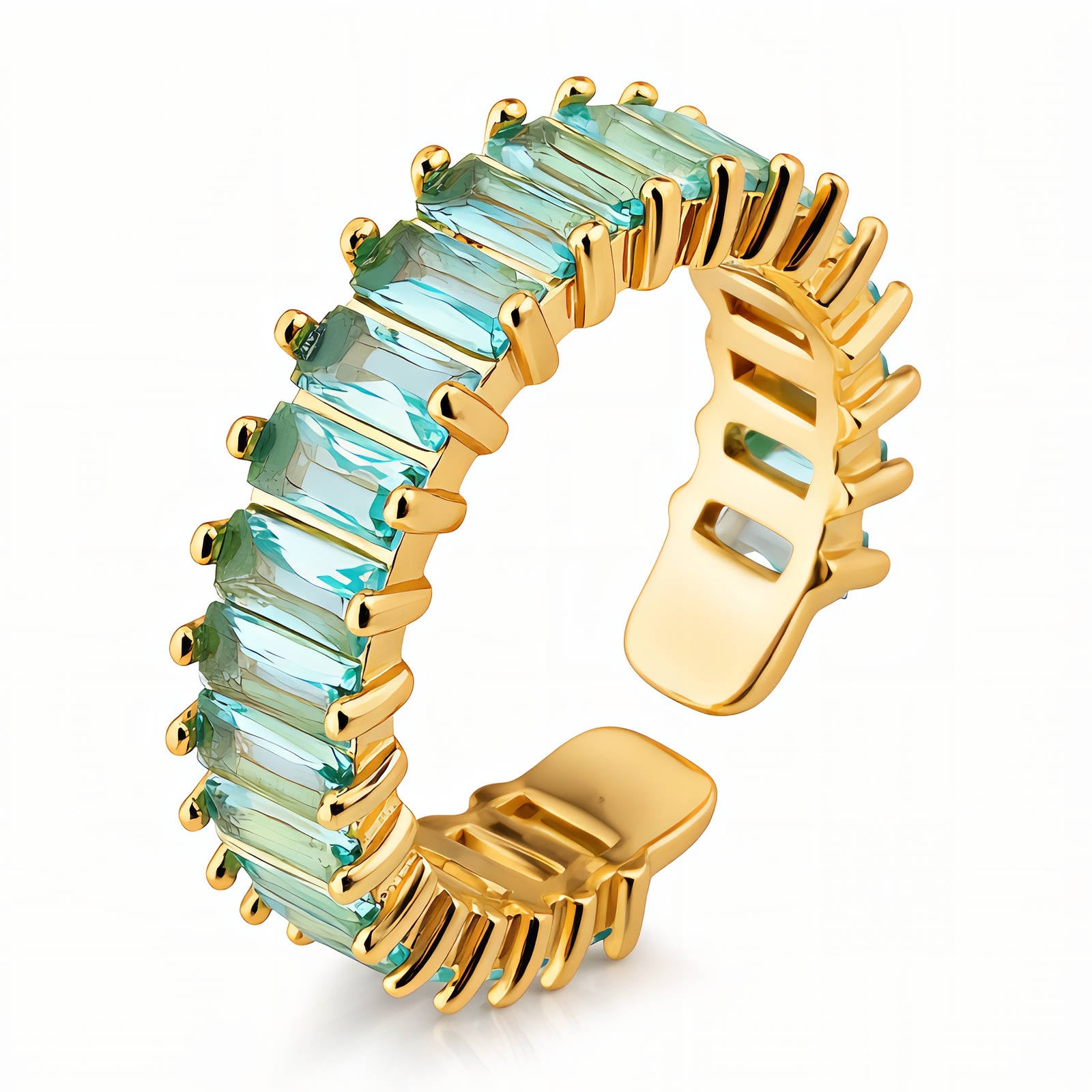Bague réglable en acier inoxydable plaqué or 18 carats avec oxyde de zirconium bleu, imperméable et hypoallergénique