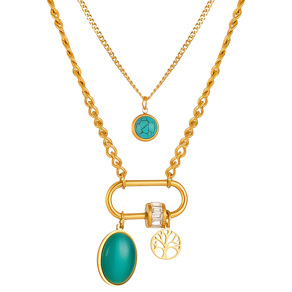 Collier en Acier Inoxydable Plaqué Or 18K avec Pendentif Turquoise, Charm Arbre de Vie, Zircone Cubique, Chaîne 42cm + 5cm, Bijou Hypoallergénique et Étanche