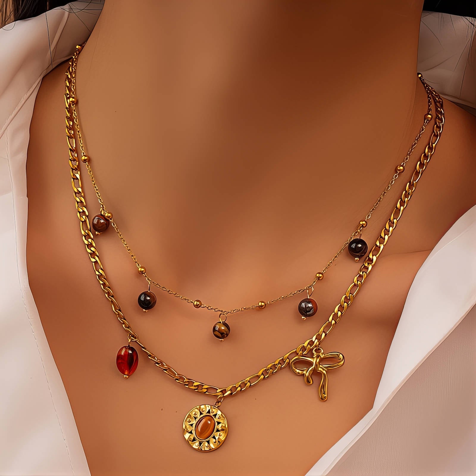 Collier Nœud Femme, Acier Inoxydable Plaqué Or 18K, Chaîne Dorée Résistante à l'Eau avec Pendentif Nœud, Durable &amp; Inoxydable, Look Élégant en Superposition