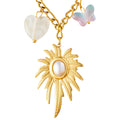 Collier en Acier Inoxydable Plaqué Or 18K avec Pendentif Soleil Perle, Breloques Papillon et Cœur, Chaîne 41cm +5cm, Bijou Hypoallergénique Imperméable