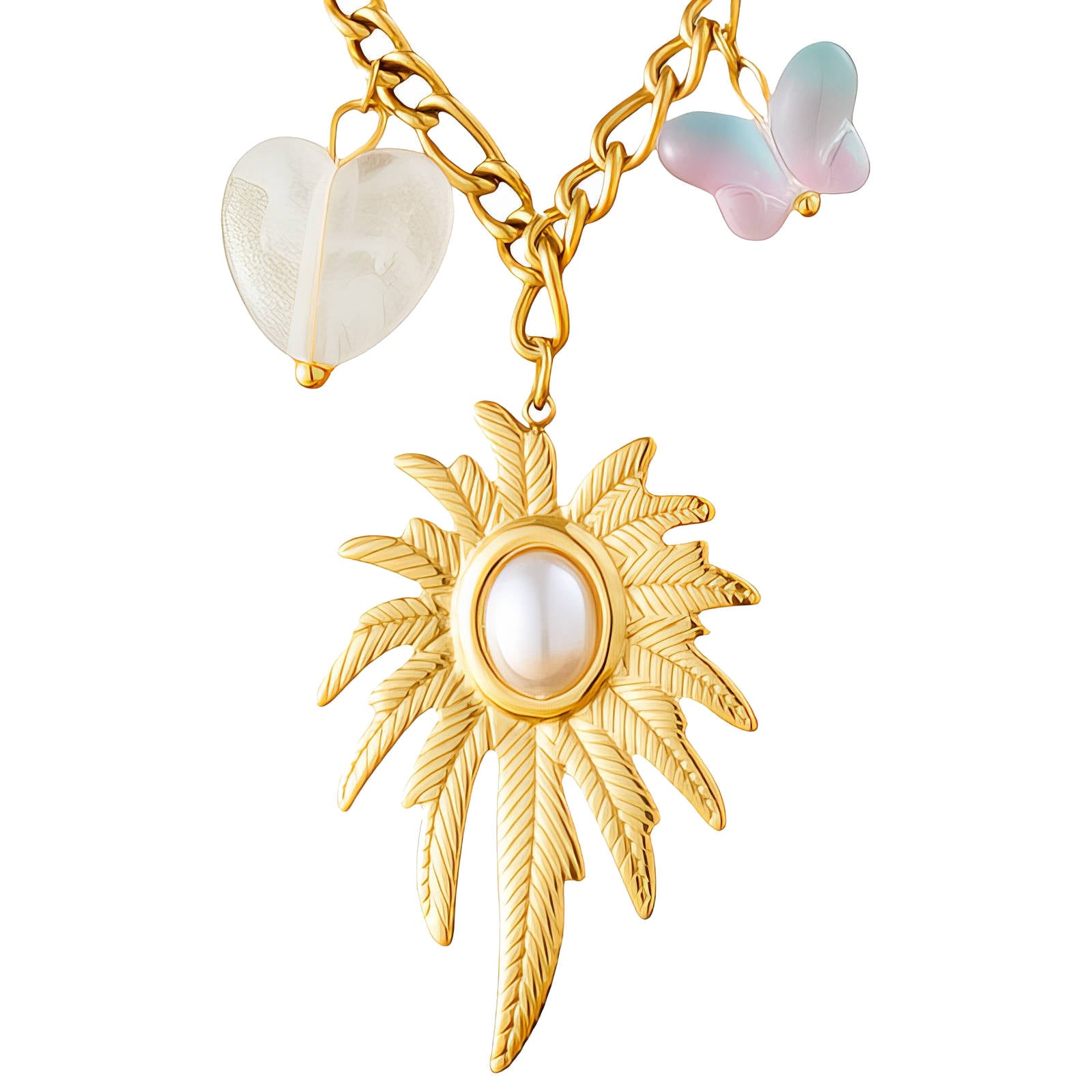 Collier en Acier Inoxydable Plaqué Or 18K avec Pendentif Soleil Perle, Breloques Papillon et Cœur, Chaîne 41cm +5cm, Bijou Hypoallergénique Imperméable