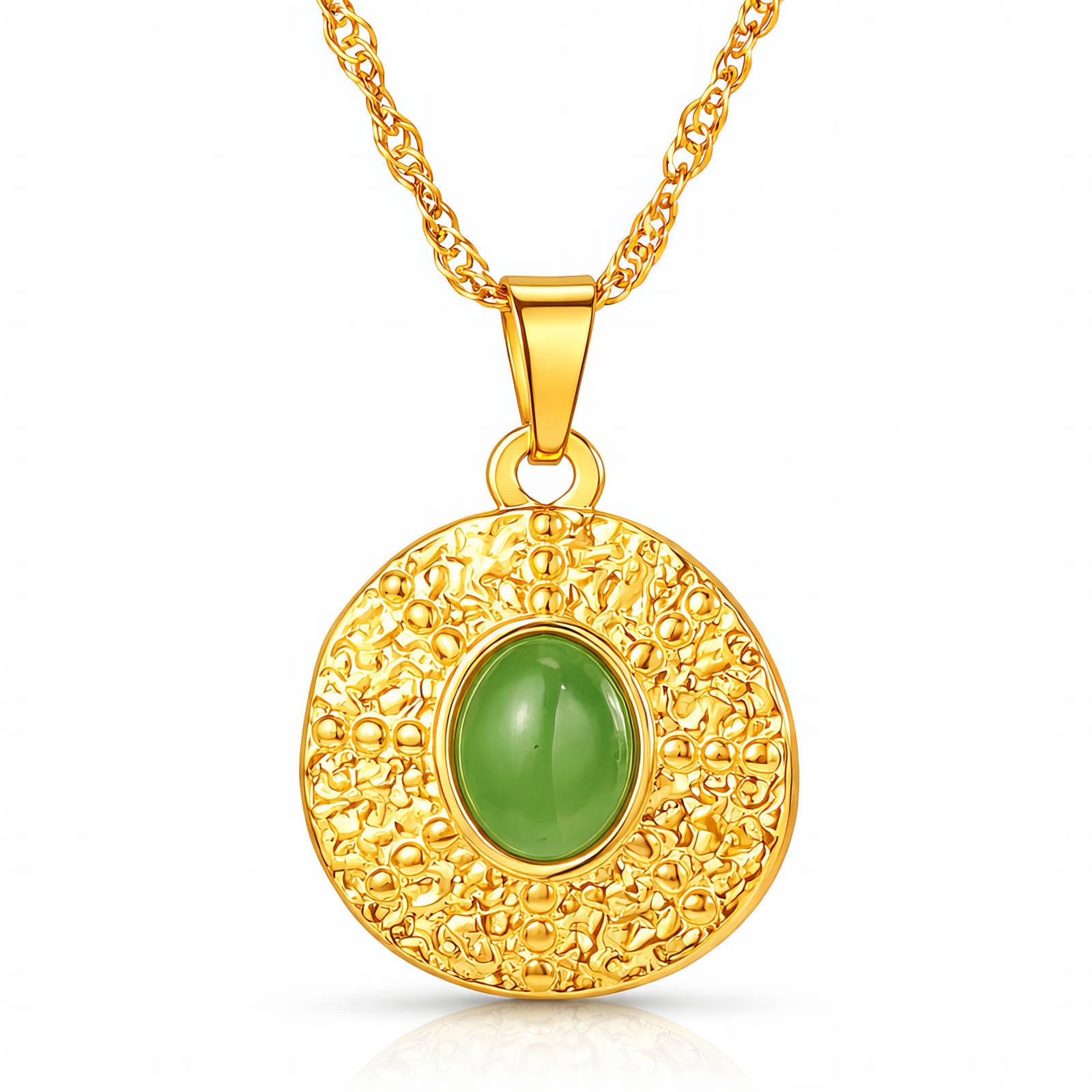 Collier en Acier Inoxydable Plaqué Or 18K avec Pendentif Pierre Verte, Design Filigrane Rond, Chaîne 38cm +7cm, Étanche à l'Eau