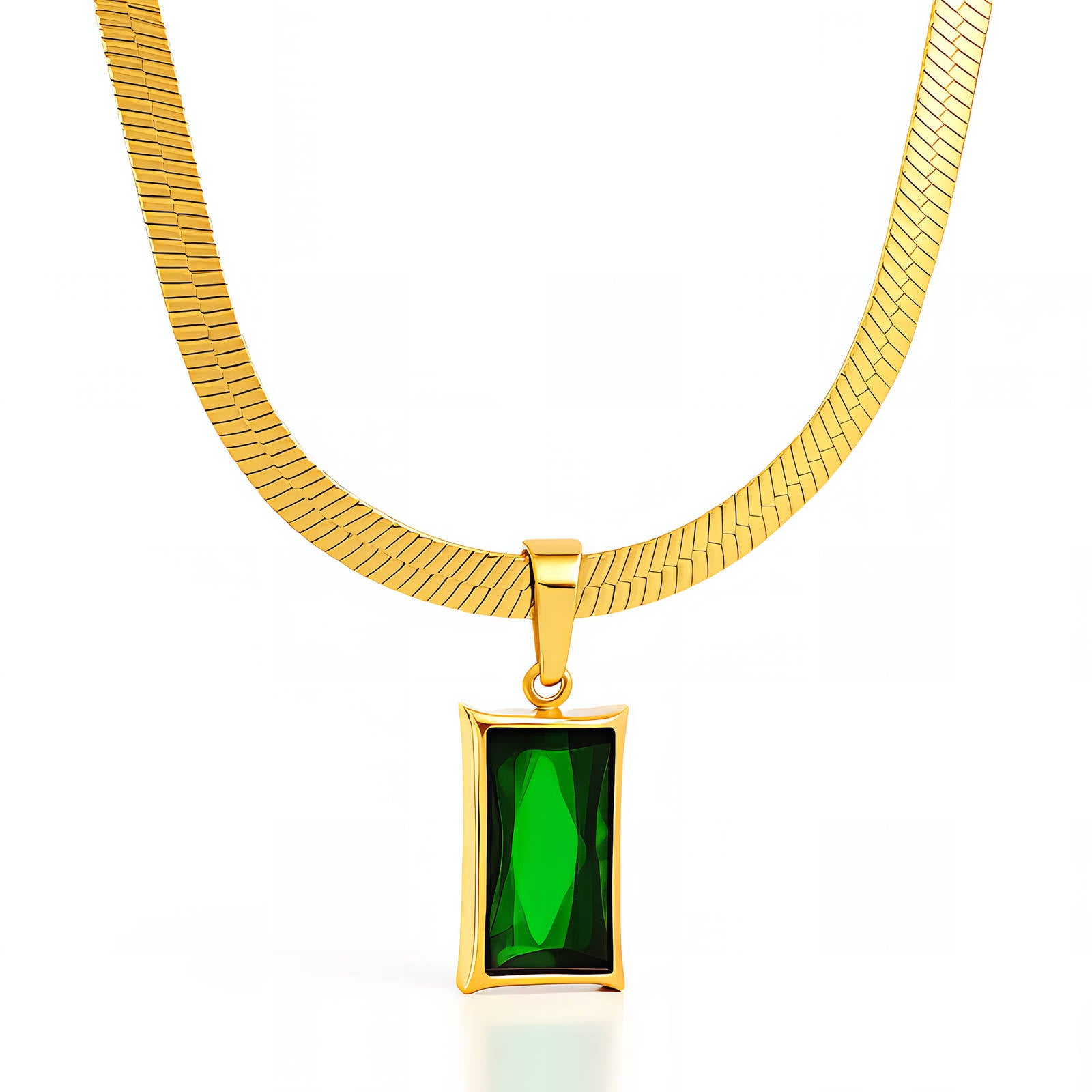 Collier en Acier Inoxydable Plaqué Or 18K avec Pendentif en Zircone Cubique Verte, Chaîne 40cm +5cm, Étanche et Hypoallergénique