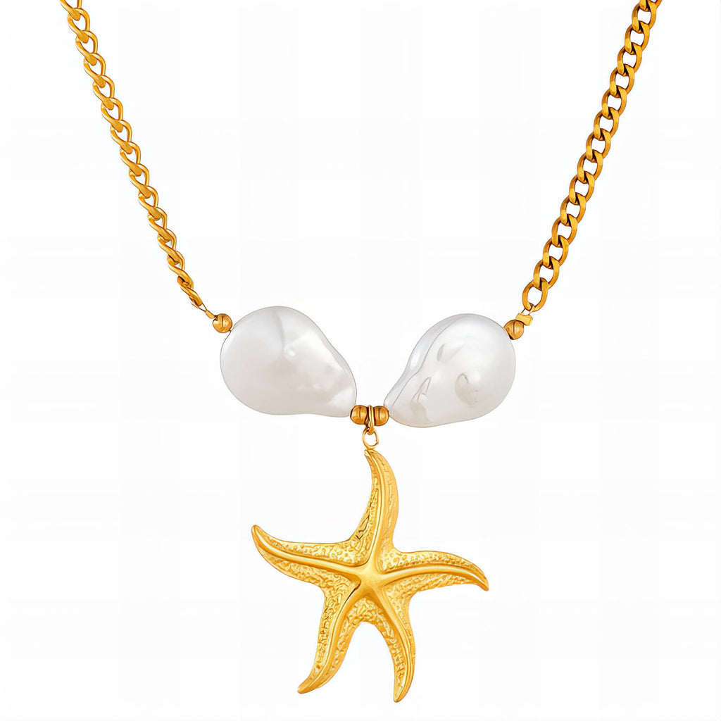 Collier Étoile de Mer, Acier Inoxydable Plaqué Or 18K avec Imitation Perle, Chaîne 45cm + 5cm, Bijou Étanche et Hypoallergénique